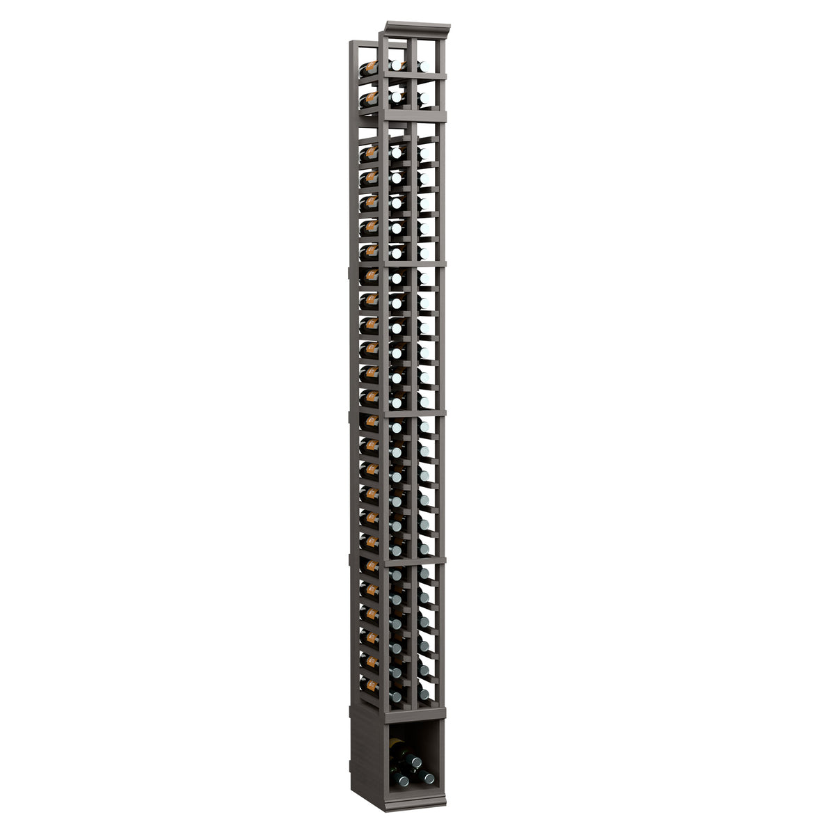 8-ft two-column split bottle rack with dark frame and clear bottle holder cells