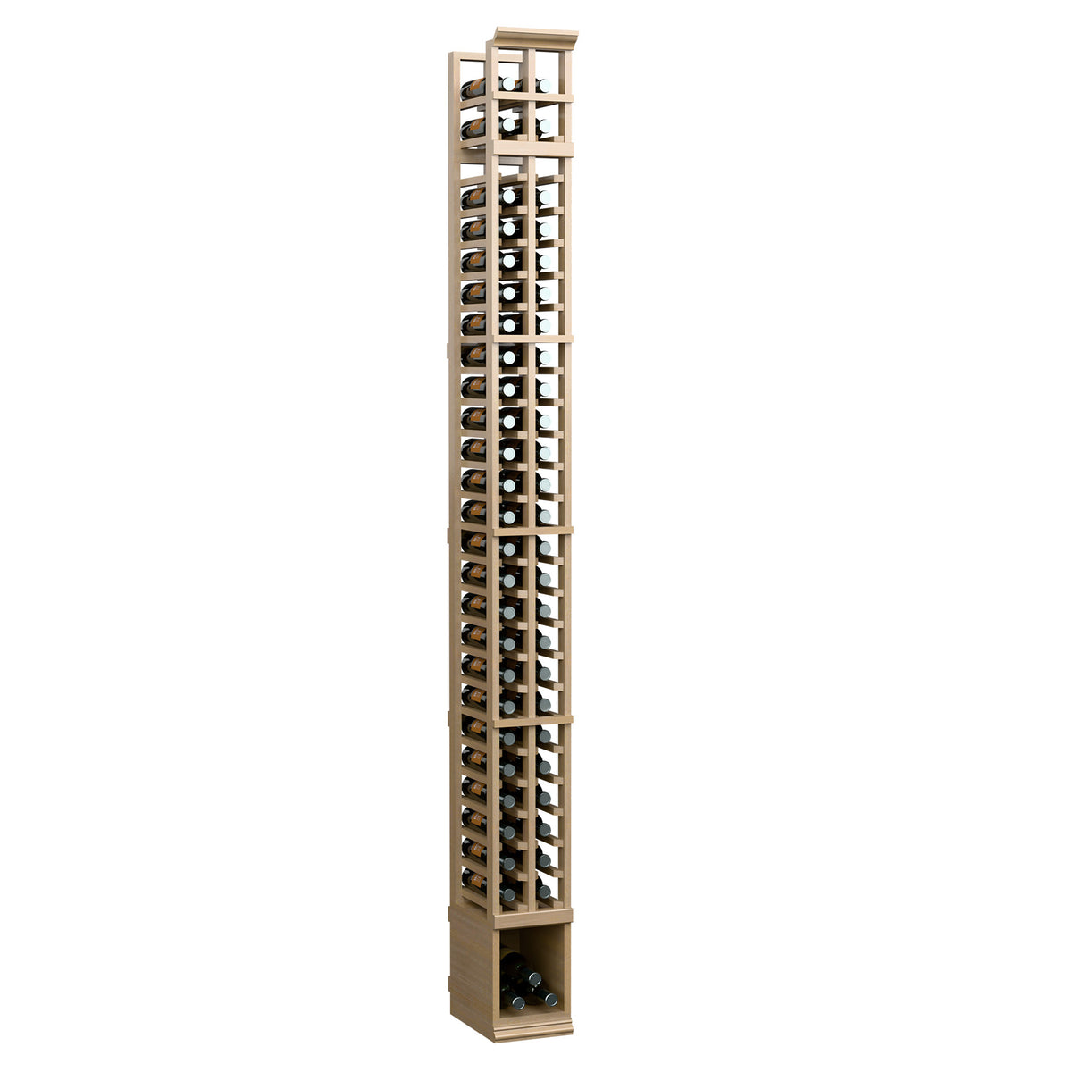 8-ft two-column split bottle rack with pale wood frame and clear bottle holder cells