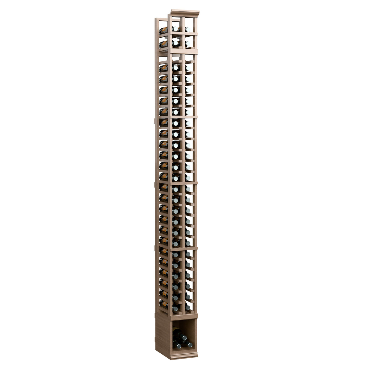 8-ft two-column split bottle rack with light wood frame and front bottle compartments