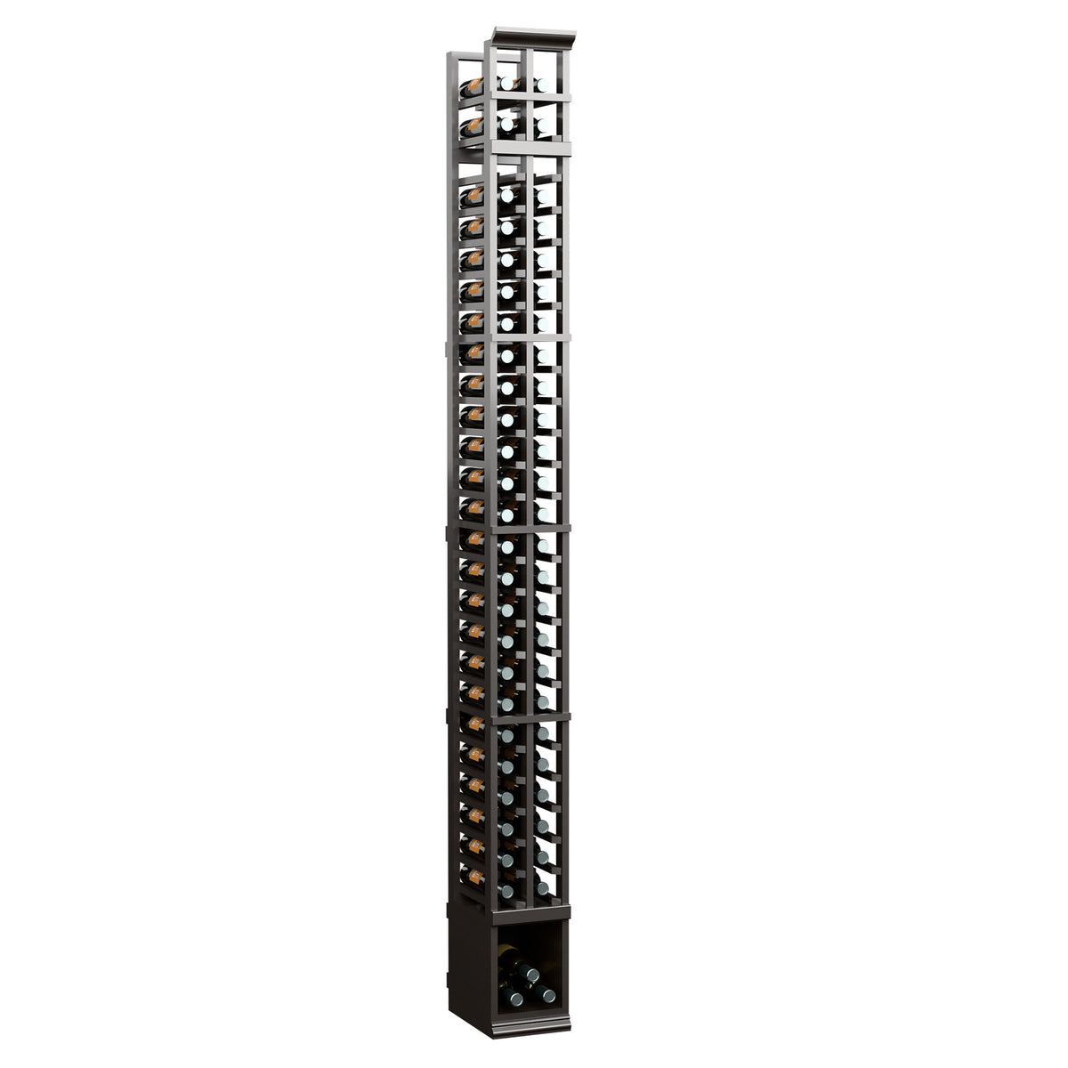 8-ft two-column split bottle rack, dark wood frame with bottle compartments