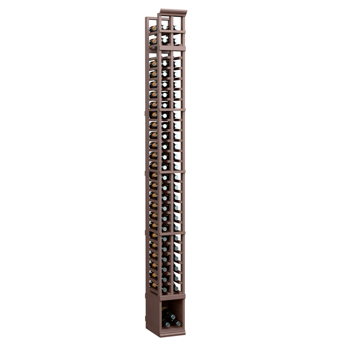 2-column split bottle rack in dark wood with vertical bottle slots and open frame
