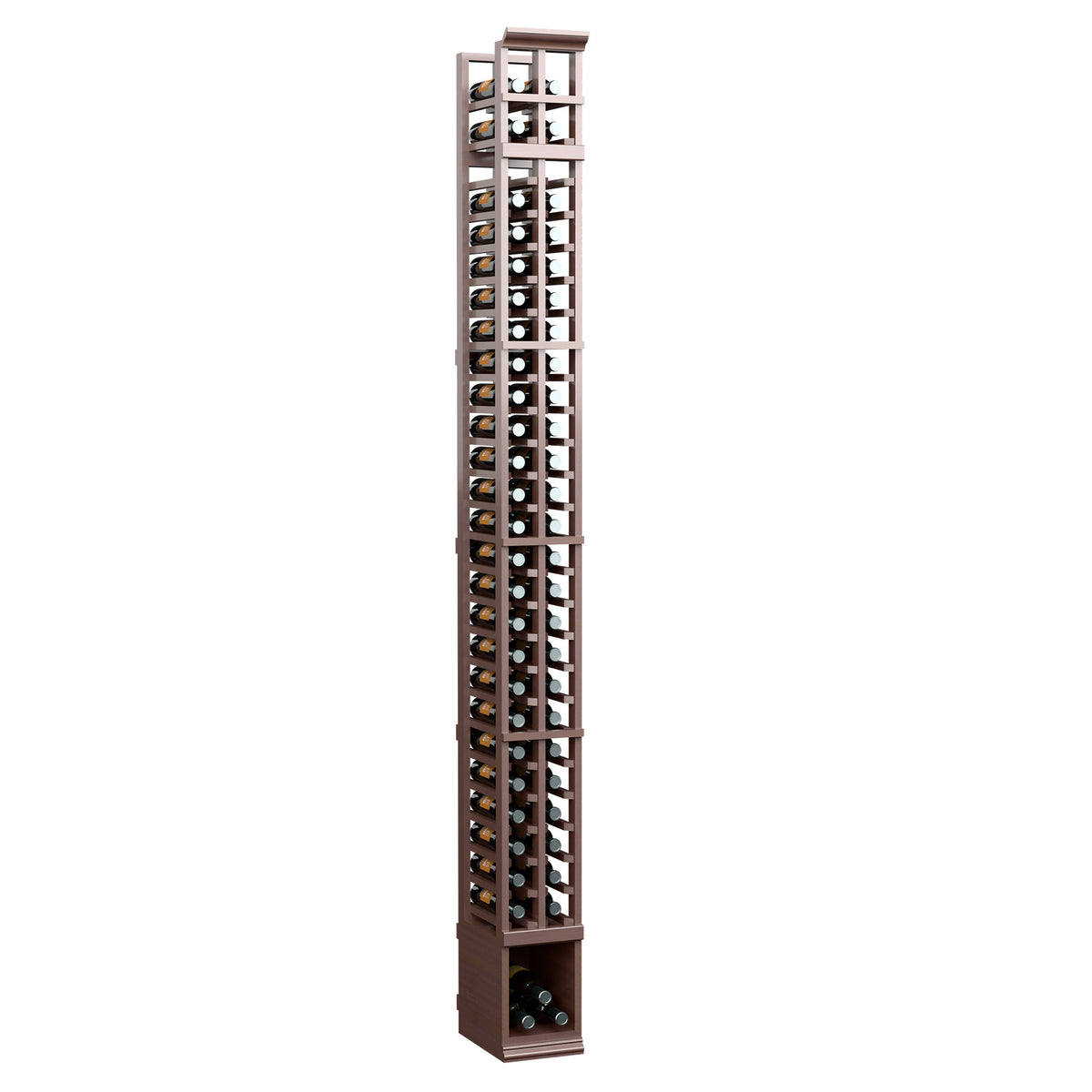 2-column split bottle rack in dark wood, front view with vertical bottle slots