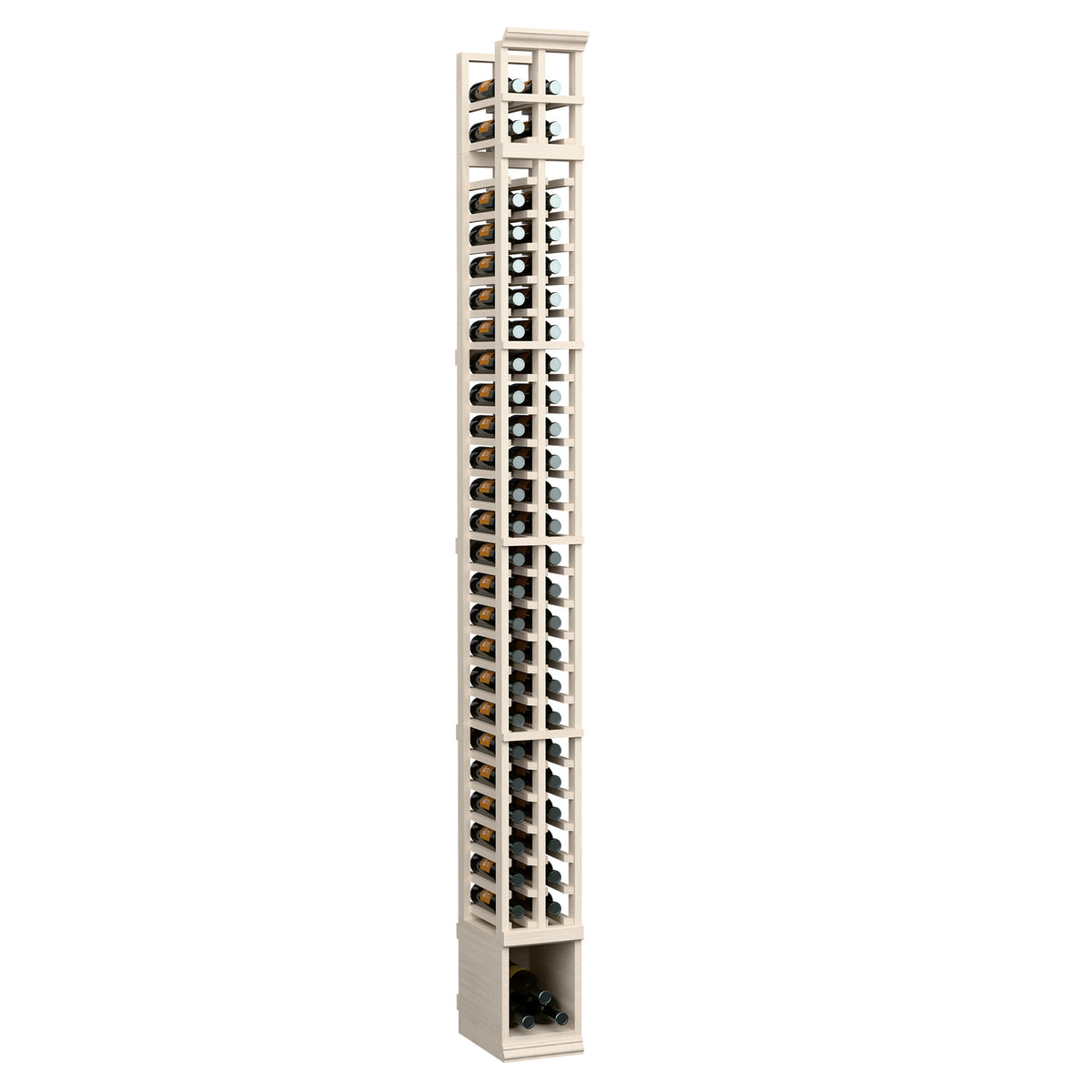 2-column split bottle rack in whitewashed wood with vertical bottle slots