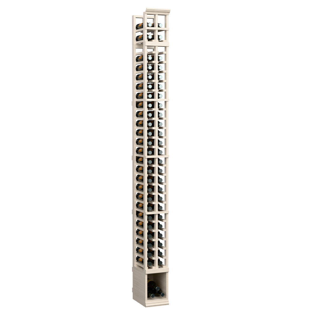 2-column split bottle rack in whitewashed wood, front view with vertical bottle slots