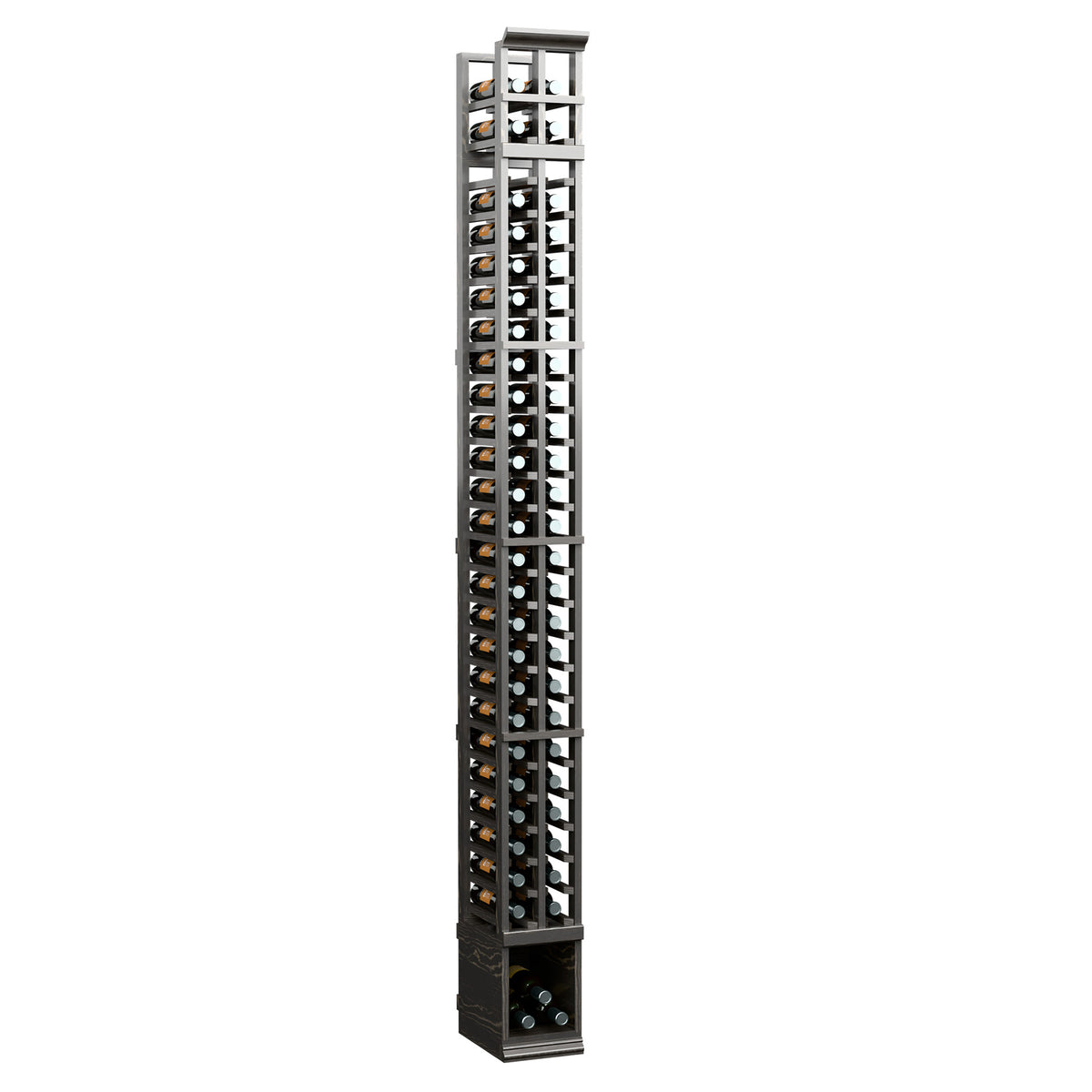 2-column split wine bottle rack with dark frame and front-loading bottle rows