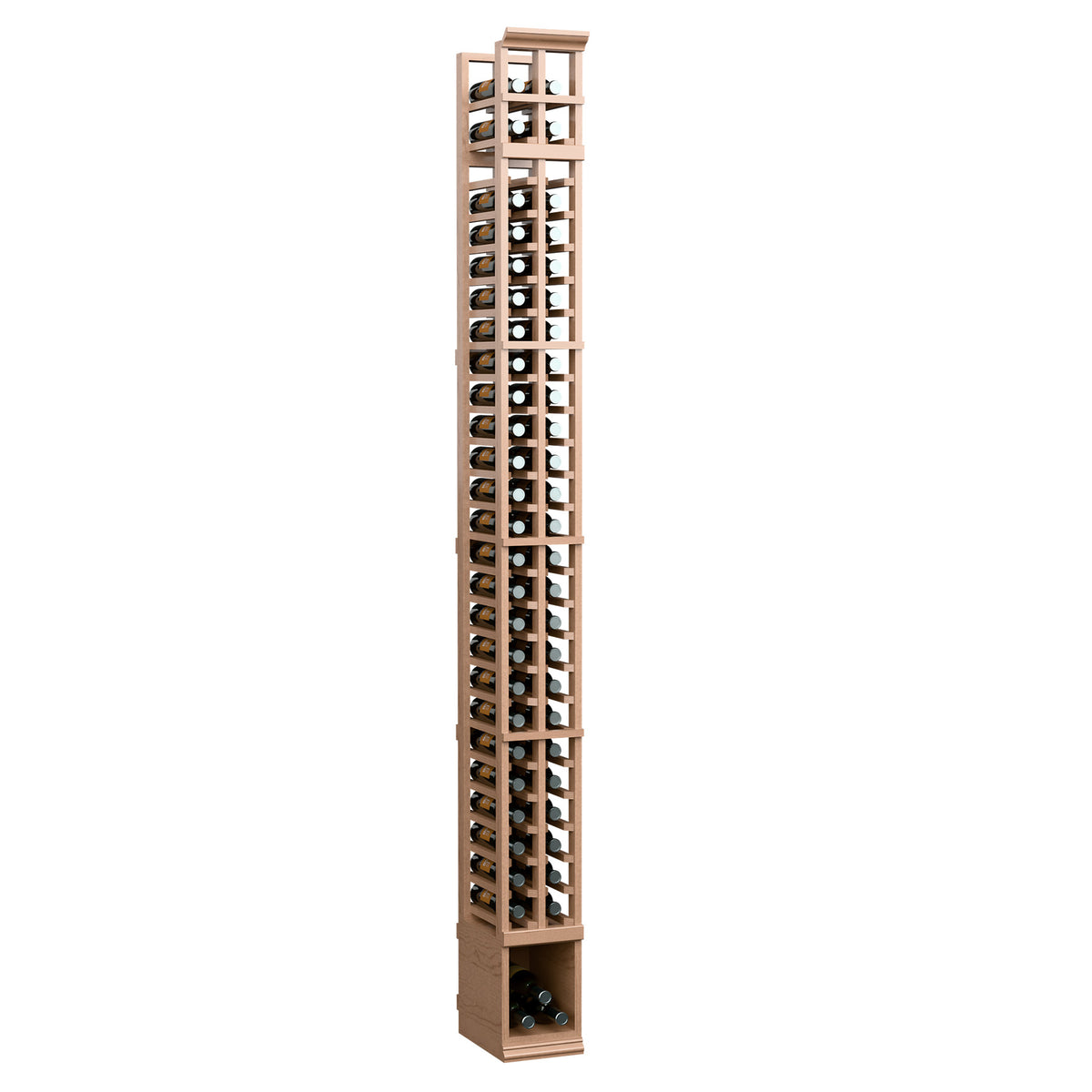 2-column split wine bottle rack in natural light wood with open bottle compartments
