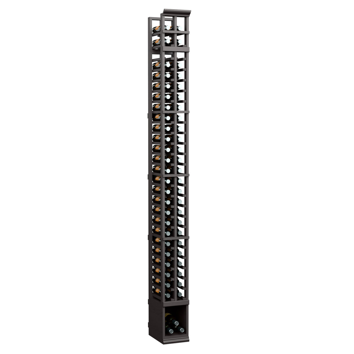 2-column split bottle rack with dark frame and stacked wine-bottle cubby rows