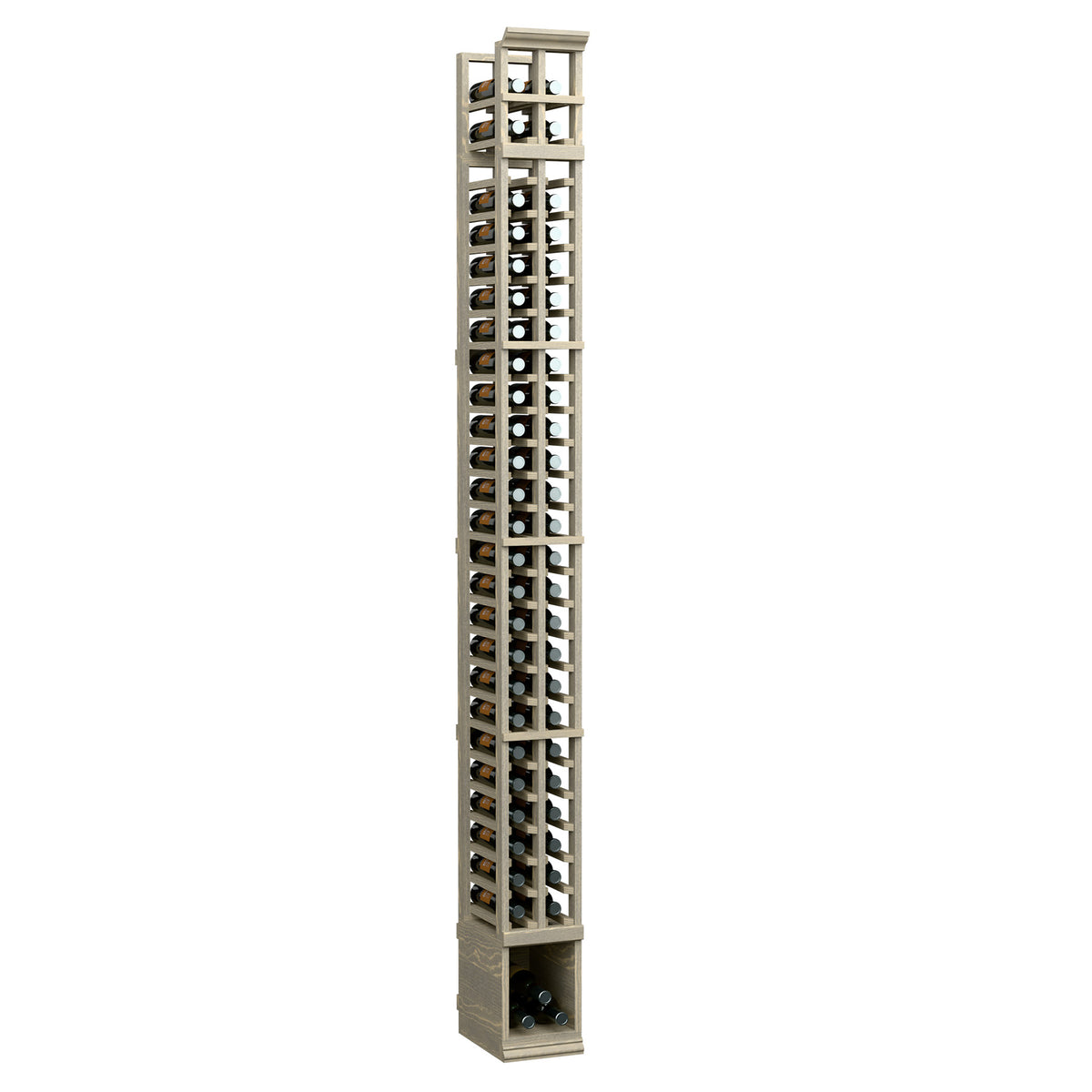 Wood 2-column split bottle rack with open square grid and angled bottle slots