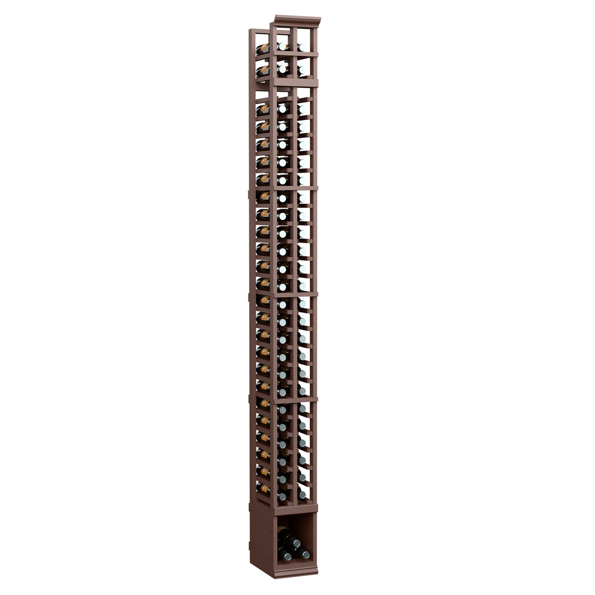 Dark wood 2-column split bottle rack with open grid and rows of bottle slots