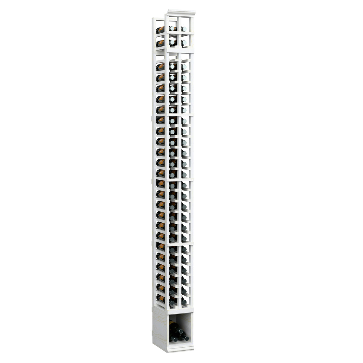 White-painted 2-column split bottle rack with open grid and bottle holding slots