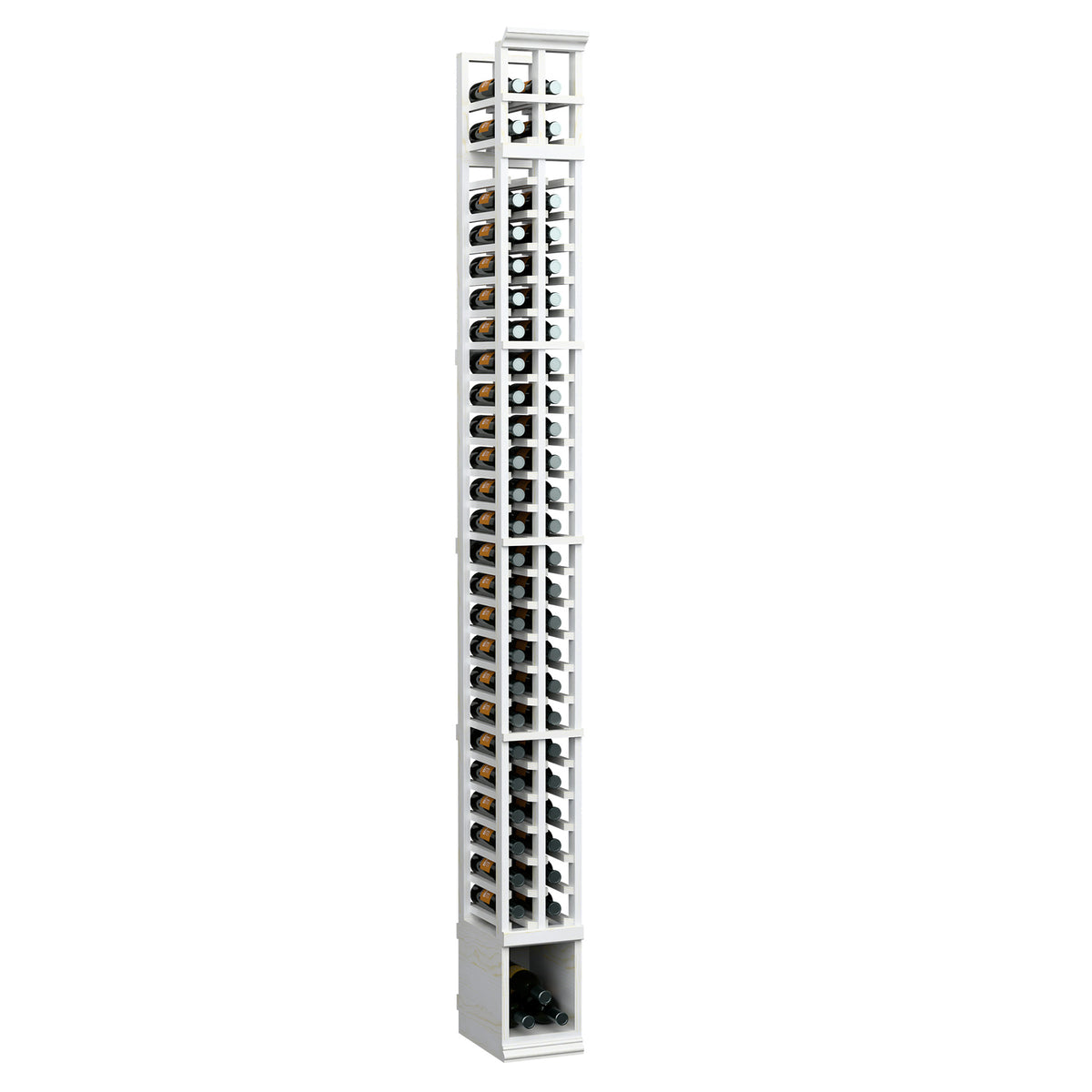 White wood 2-column split bottle rack, front view with stacked bottle openings