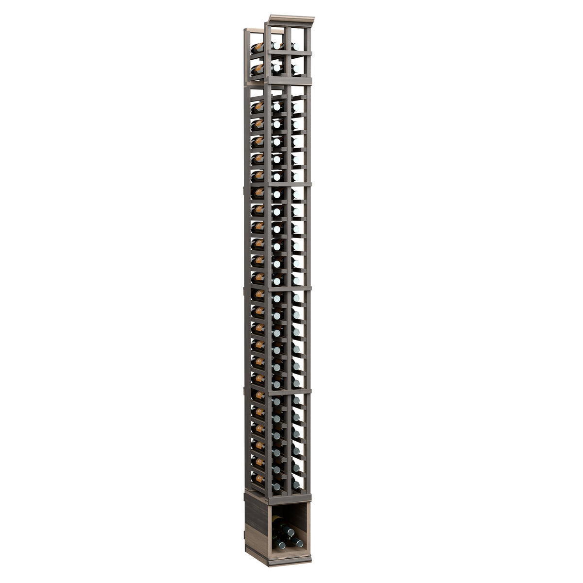 2-column split bottle rack with dark grey frame and metal grid, holds wine bottles