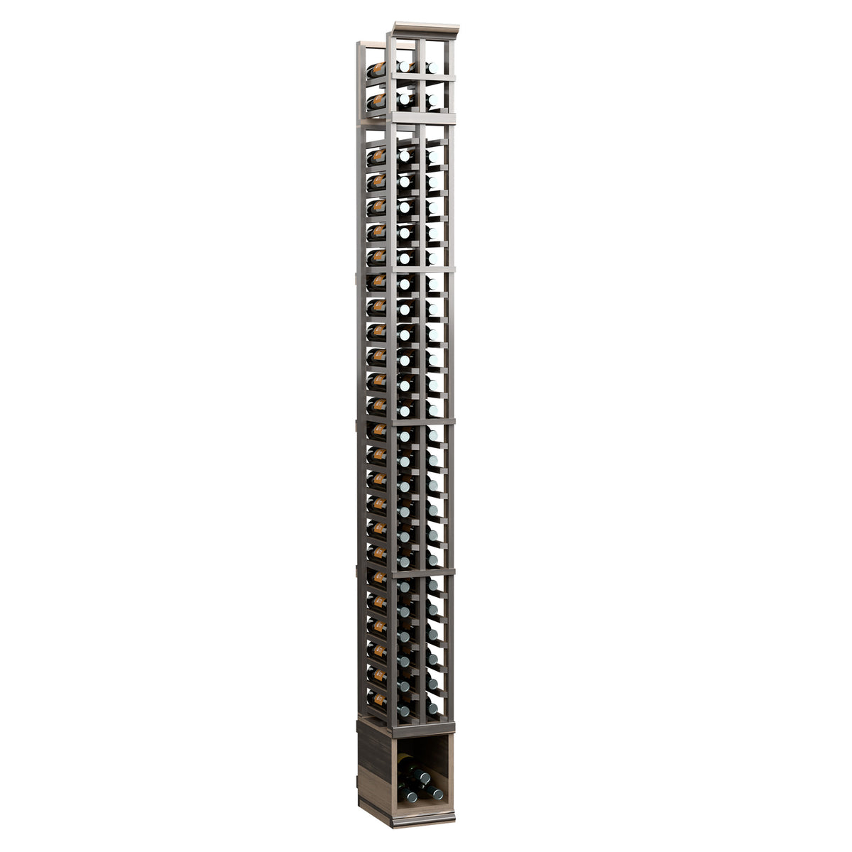 2-column split bottle rack with dark grey frame and front-facing metal bottle cells
