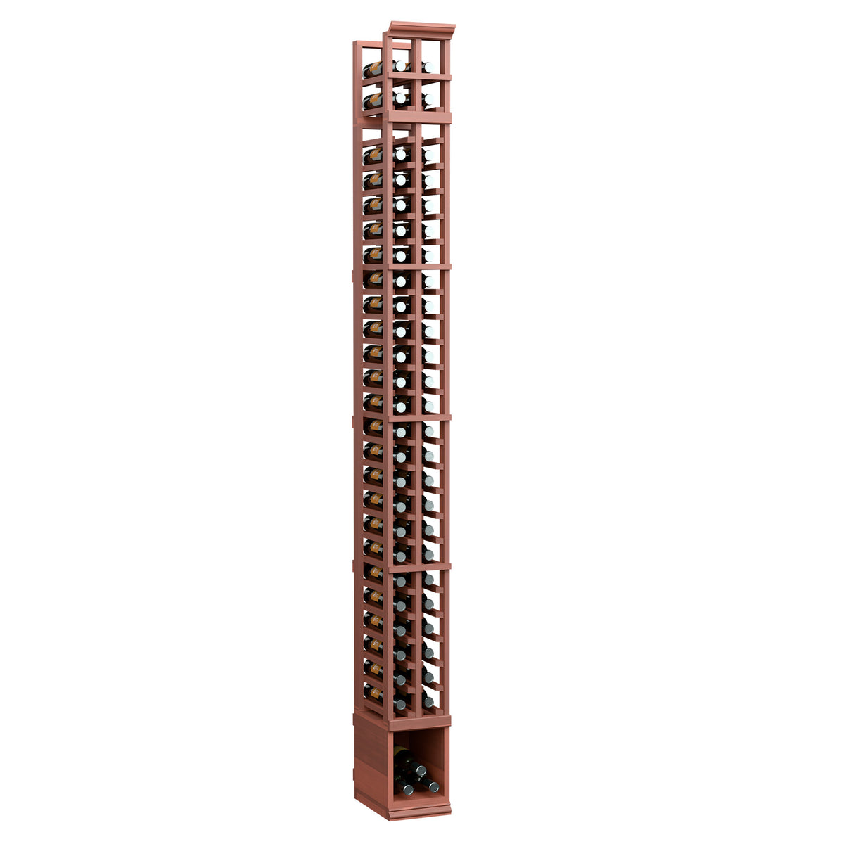 2-column split bottle rack with reddish-brown frame and metal grid, holds wine bottles