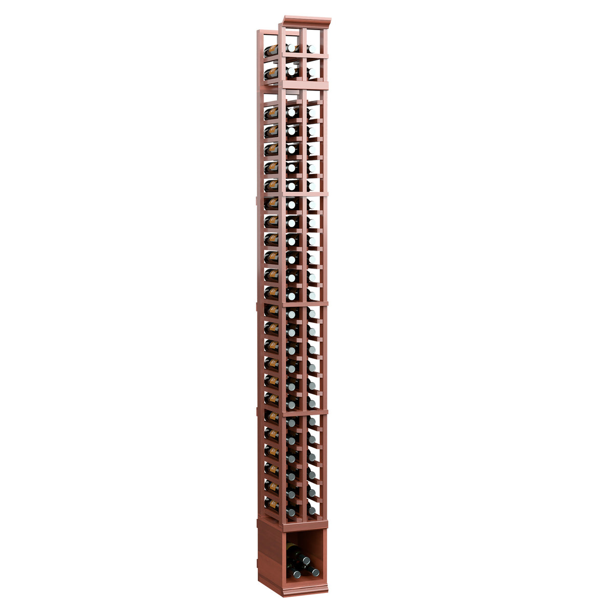 2-column split bottle rack with reddish-brown frame and metal bottle compartments