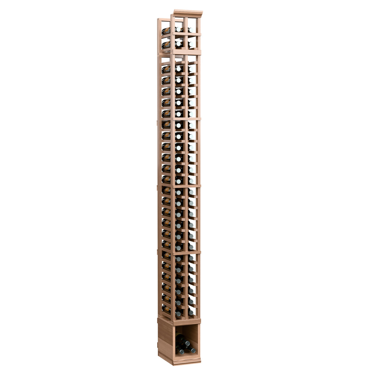 2-column split bottle rack with light wood frame, metal grid, and lower bottle storage