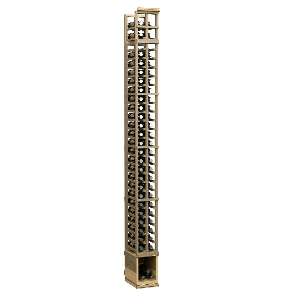 2-column split bottle rack with pale wood frame and metal grid for organized bottles