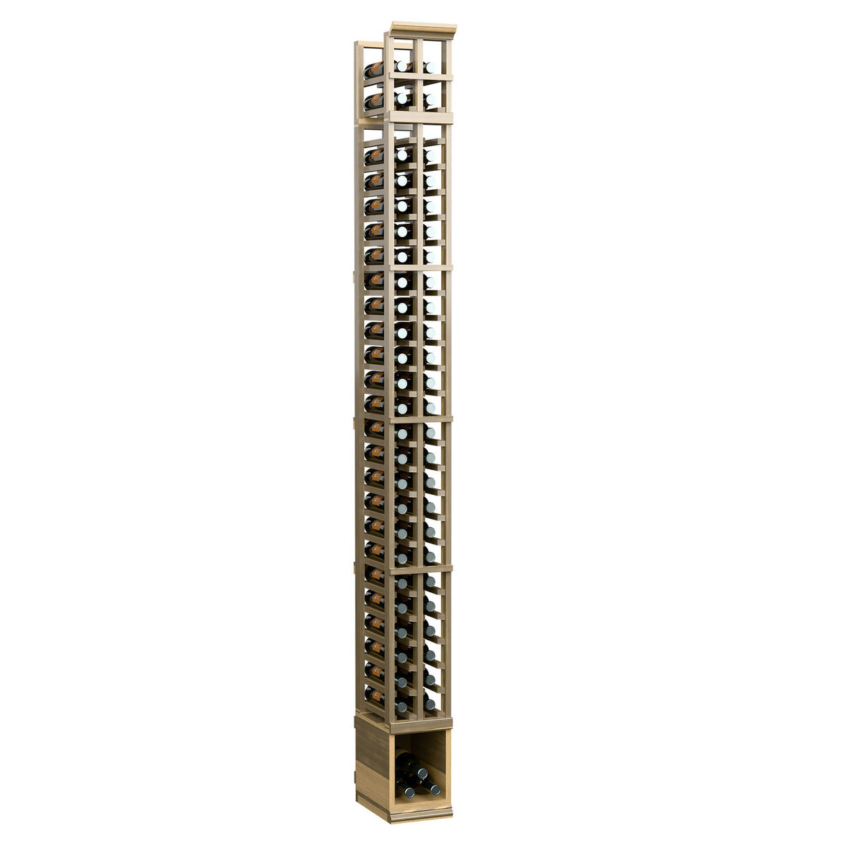 2-column split bottle rack with pale wood frame and front metal bottle rows