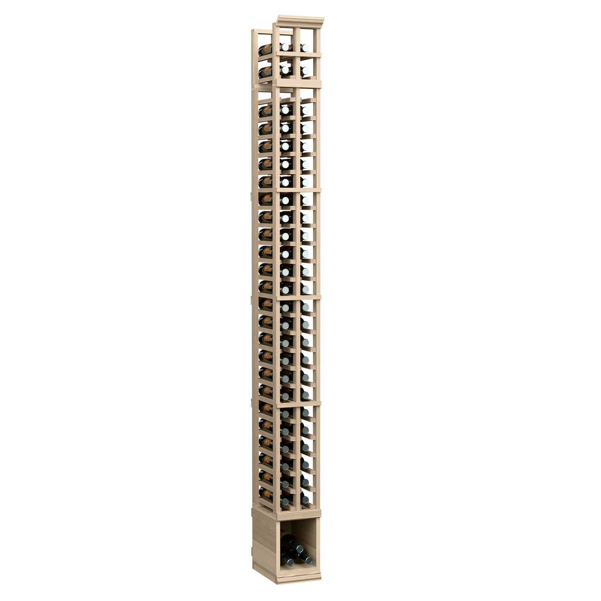 Light wood 2-column bottle rack with vertical wine bottle slots and grid dividers