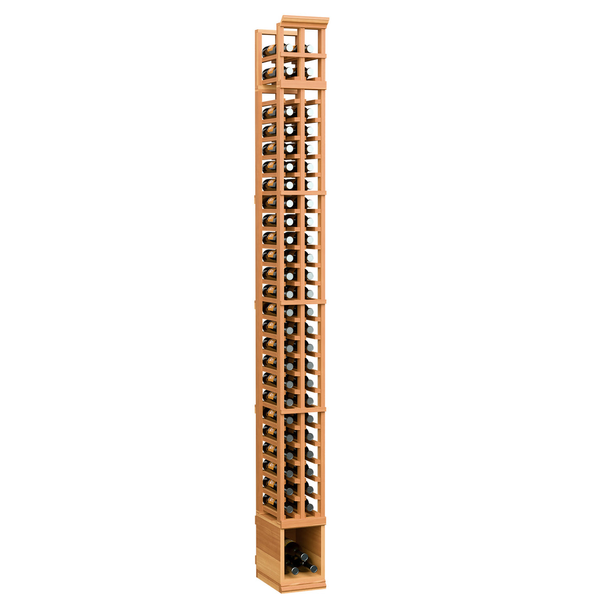 Warm red wood 2-column bottle rack with vertical wine bottle slots and lattice back