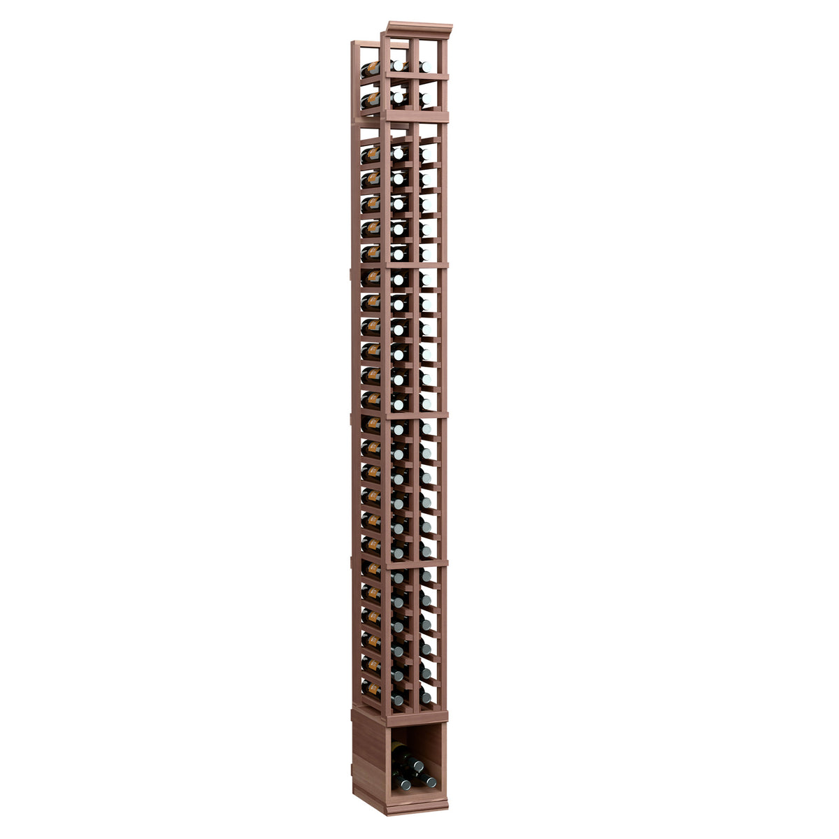 Medium-brown wood 2-column bottle rack with vertical wine bottle slots and side frame