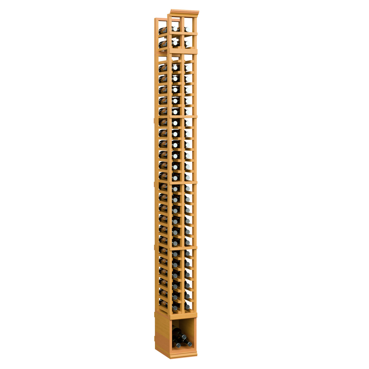Honey-colored wood 2-column bottle rack with vertical wine bottle openings and crossbars