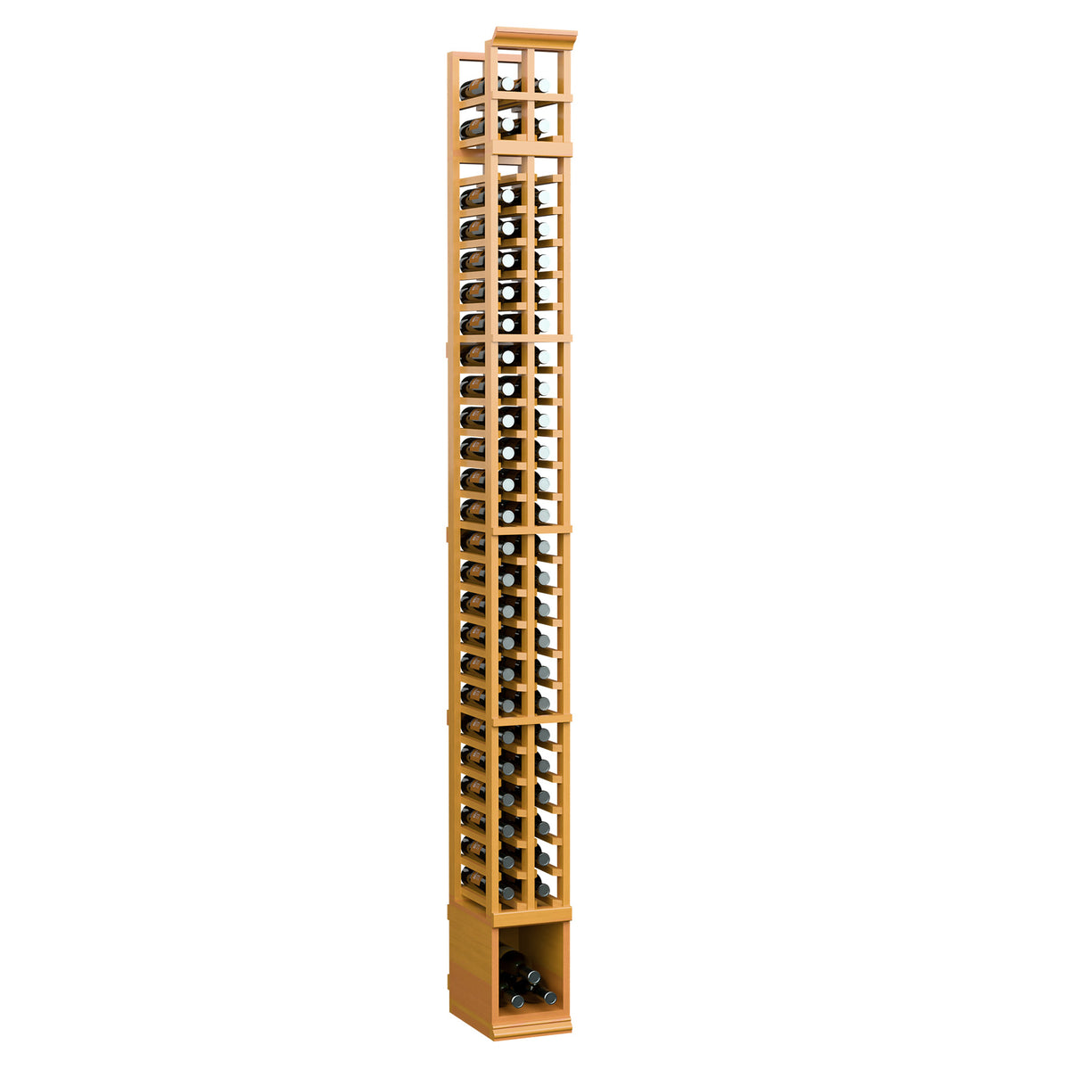 Honey wood 2-column bottle rack with two stacked rows of bottle holders and dividers