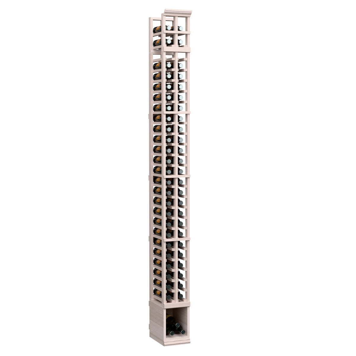 Whitewashed wood 2-column bottle rack with vertical wine bottle slots and metal dividers
