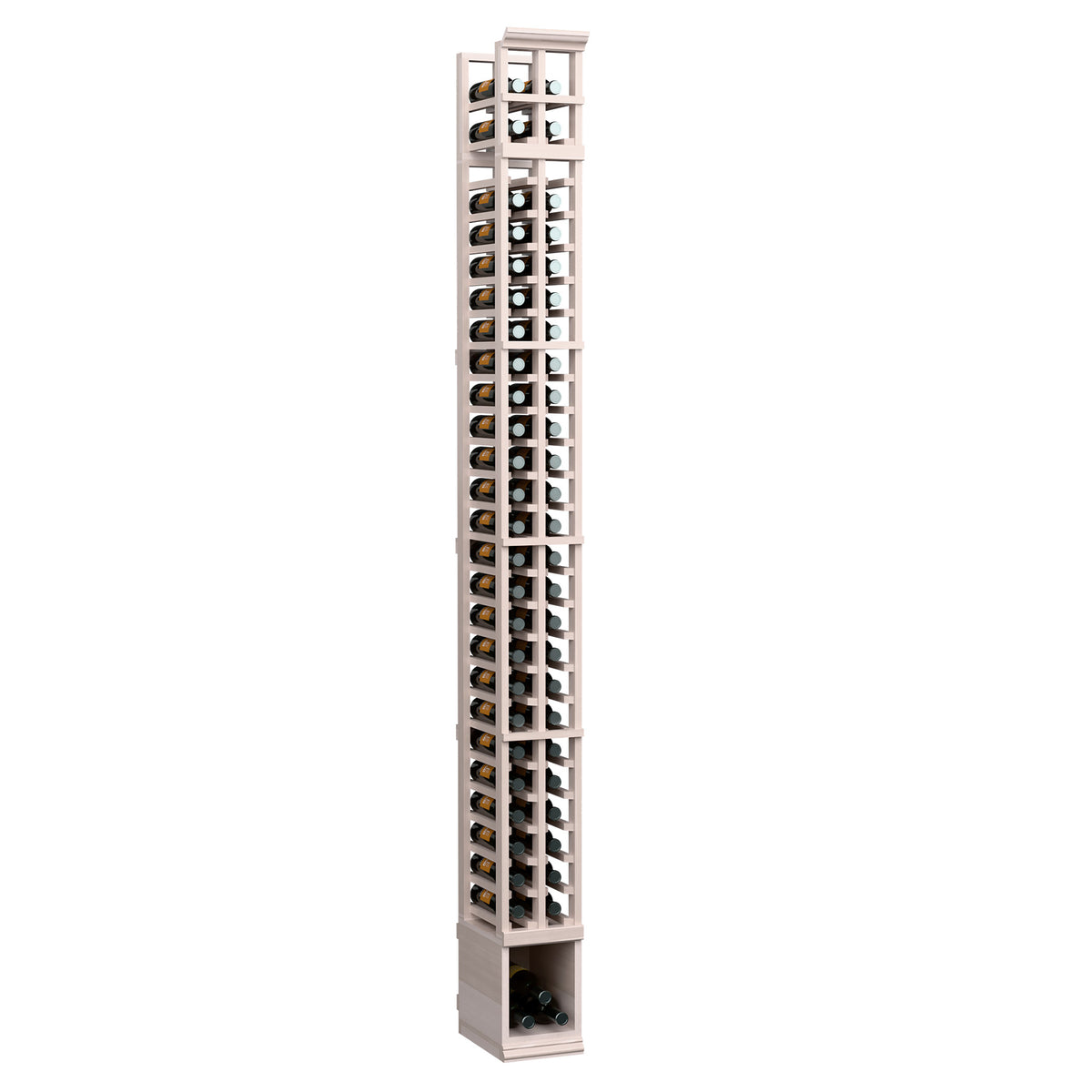 Whitewashed 2-column bottle rack with two rows of bottle openings and sturdy side frame