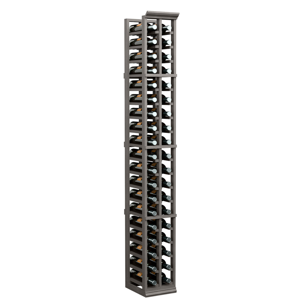 2-column wine bottle rack in dark finish with neatly stored bottles, vertical.