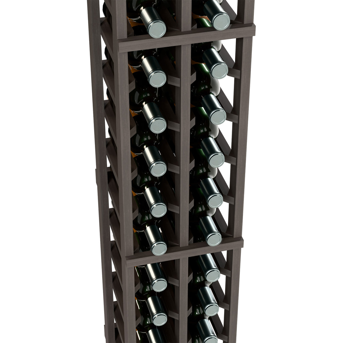 2-column wine bottle rack in dark wood with bottle necks visible through grid.
