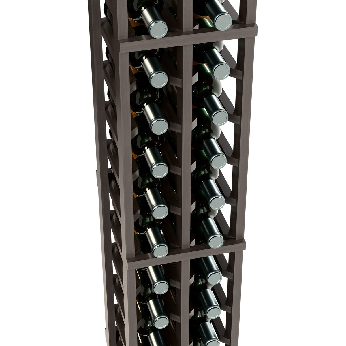 2-column wine bottle rack in dark wood with bottles arranged in vertical cells.