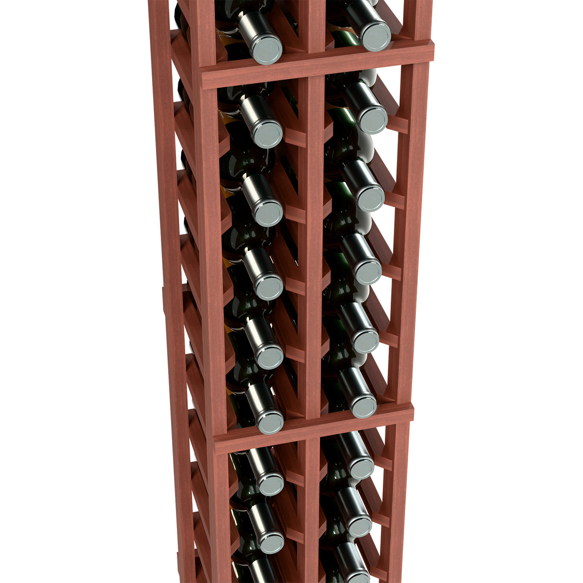 2-column wine bottle rack in red-brown wood with bottles and labels facing out.