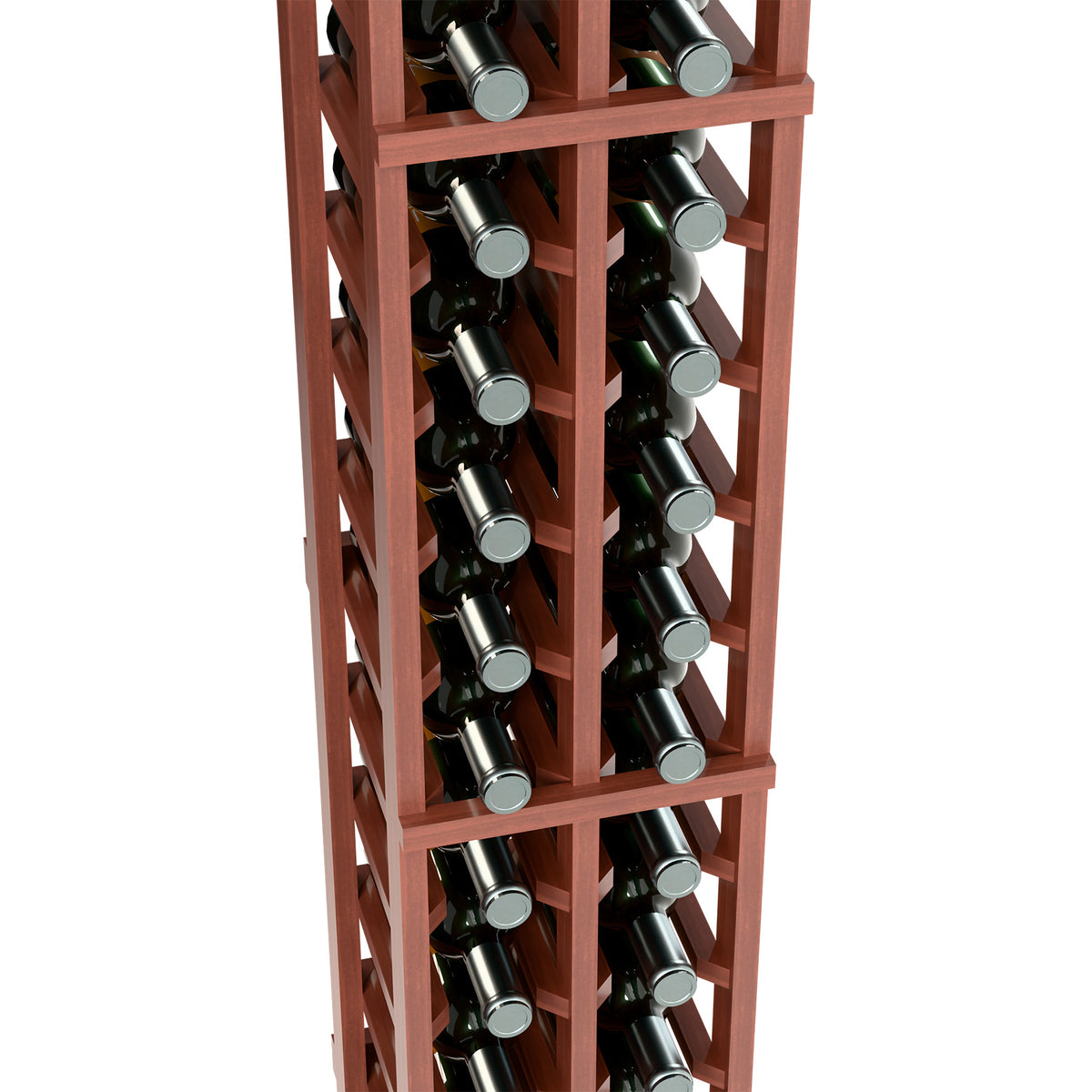 2-column wine bottle rack in red-brown wood with tightly packed bottles in grid.