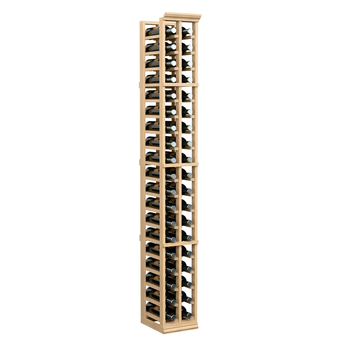 2-column wine bottle rack in light wood with bottles stored upright, vertical display.