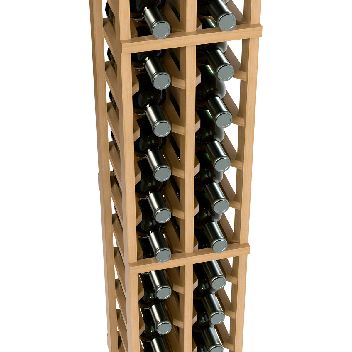 Light wood 2-column wine bottle rack, 6 ft, close front view of green bottles