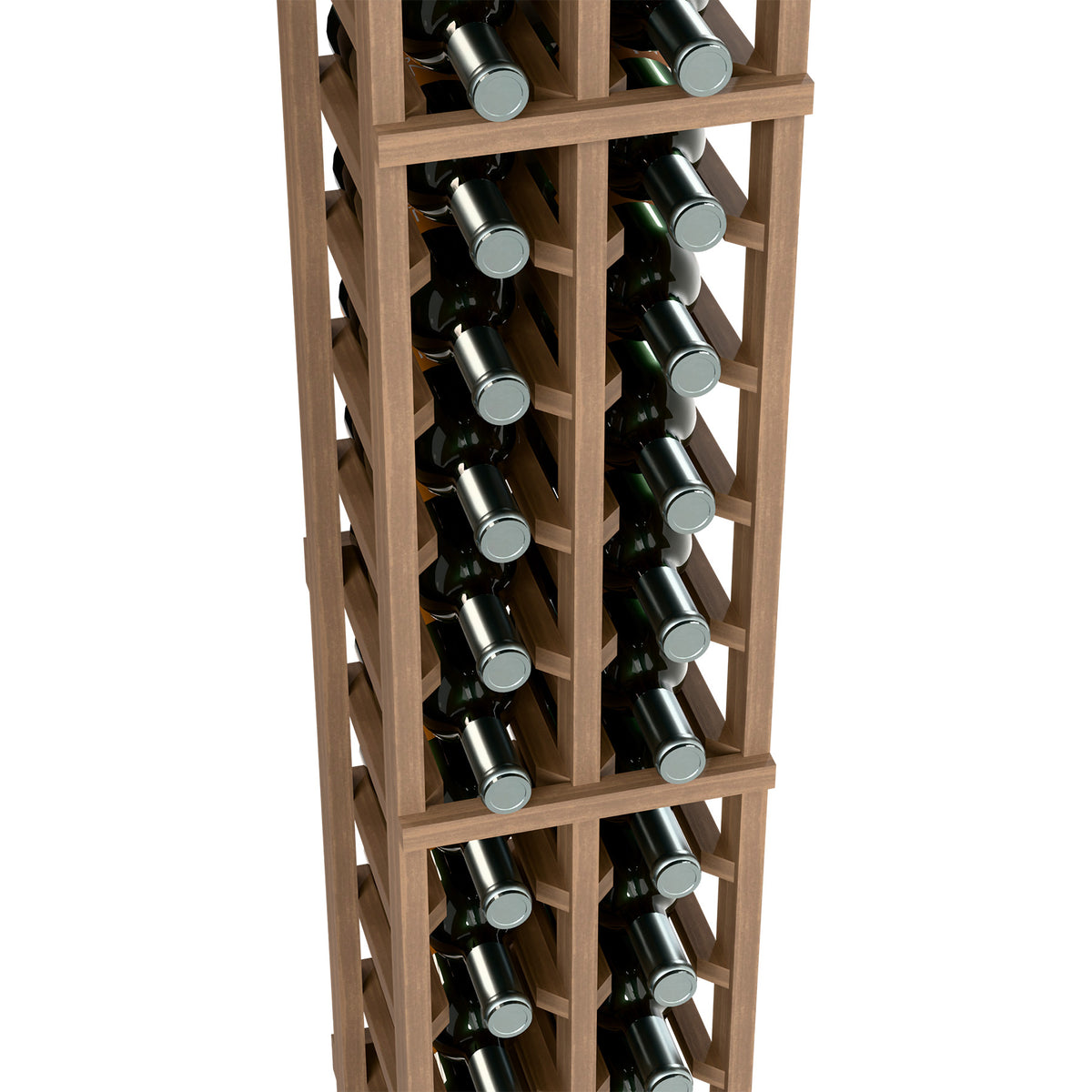 Light wood 2-column wine bottle rack, 6 ft, front view with green bottle tops