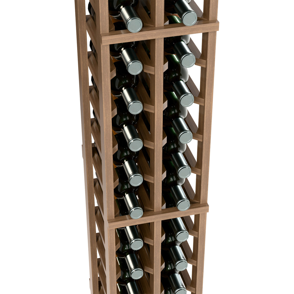 Light wood 2-column wine bottle rack, 6 ft, front view showing green bottles