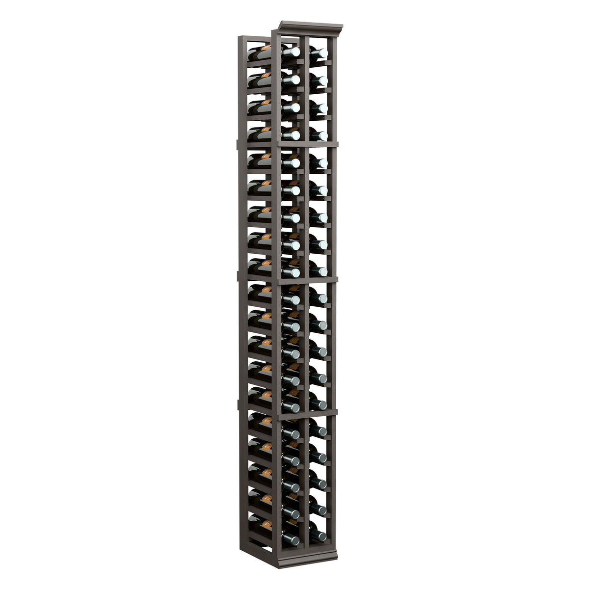 Dark wood 2-column wine bottle rack, 6 ft, holds green bottles (full rack)