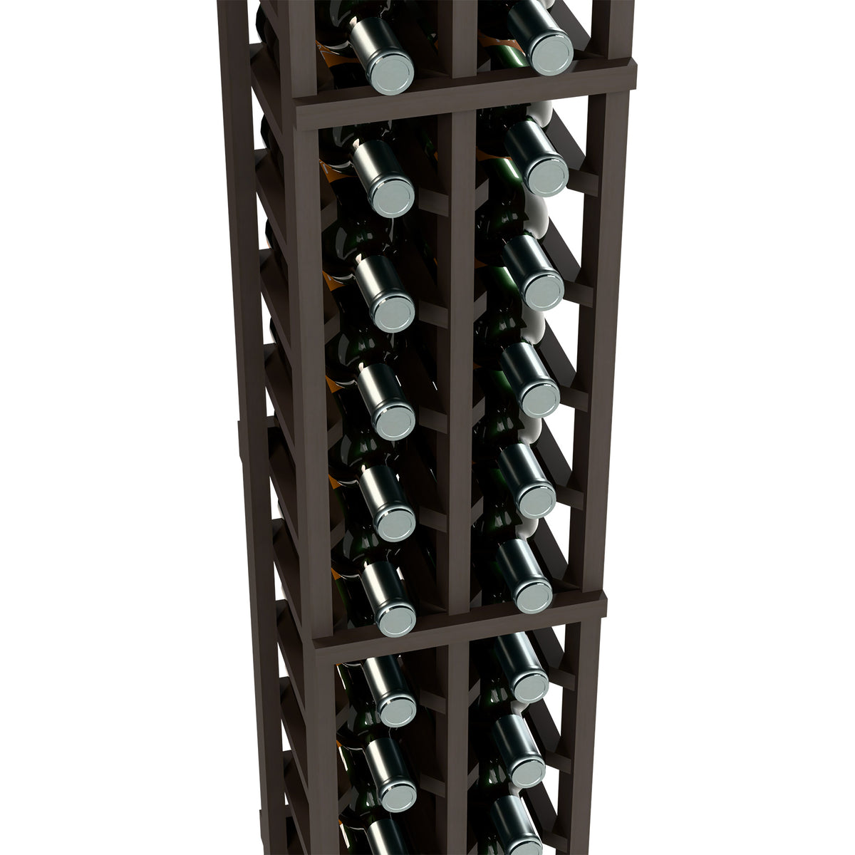 Dark wood 2-column wine bottle rack, 6 ft, close-up front view of green bottles