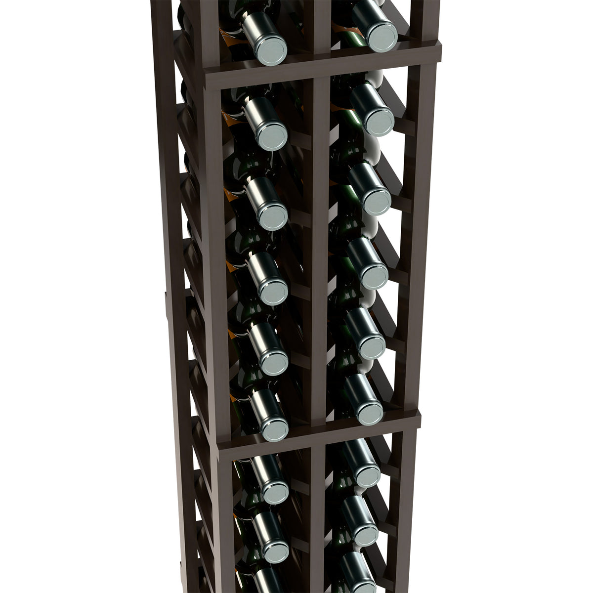 6-foot two-column wine bottle rack, dark wood with bottle rows and gray bottle caps.