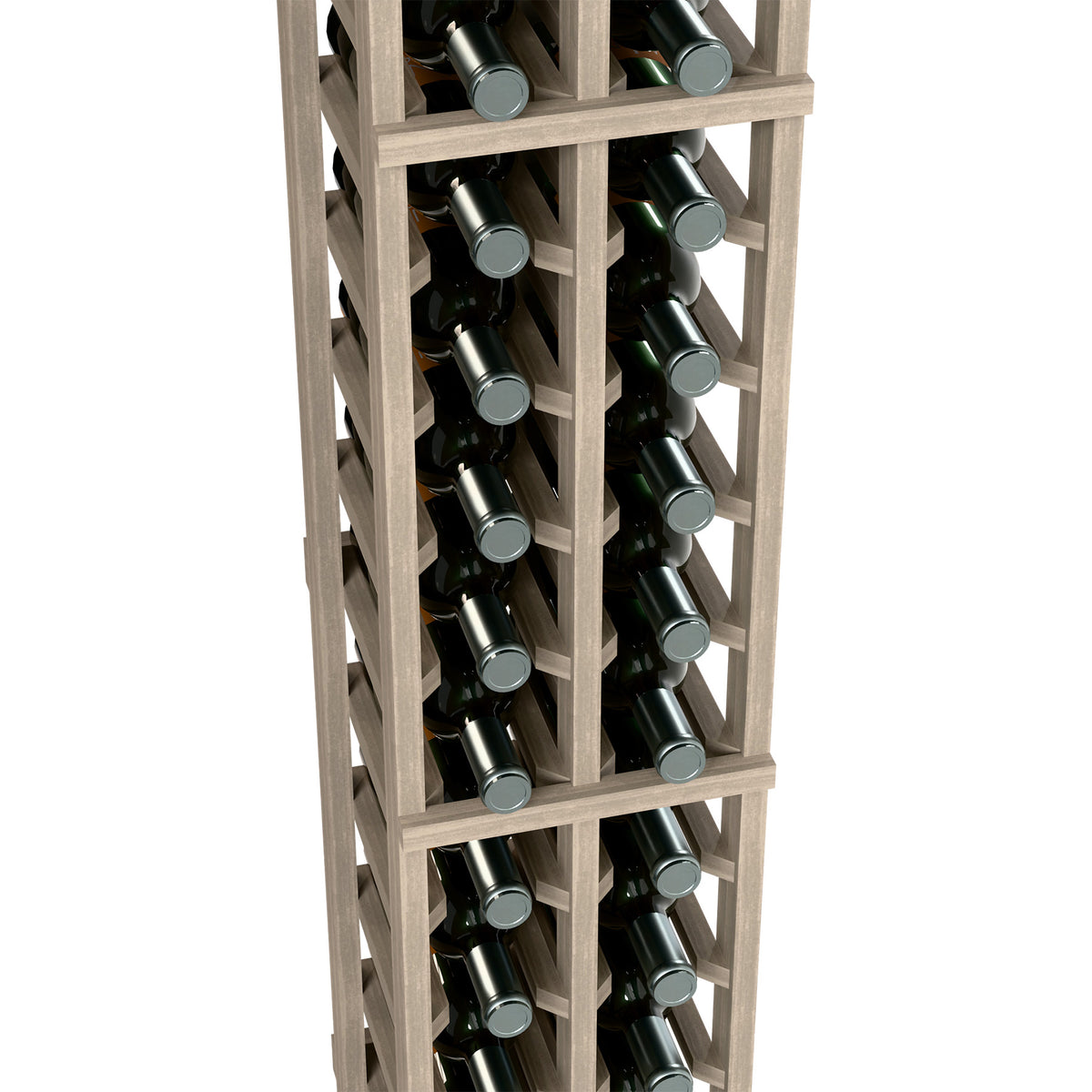 6-foot two-column wine bottle rack close-up, light gray wood shelves with wine bottles.