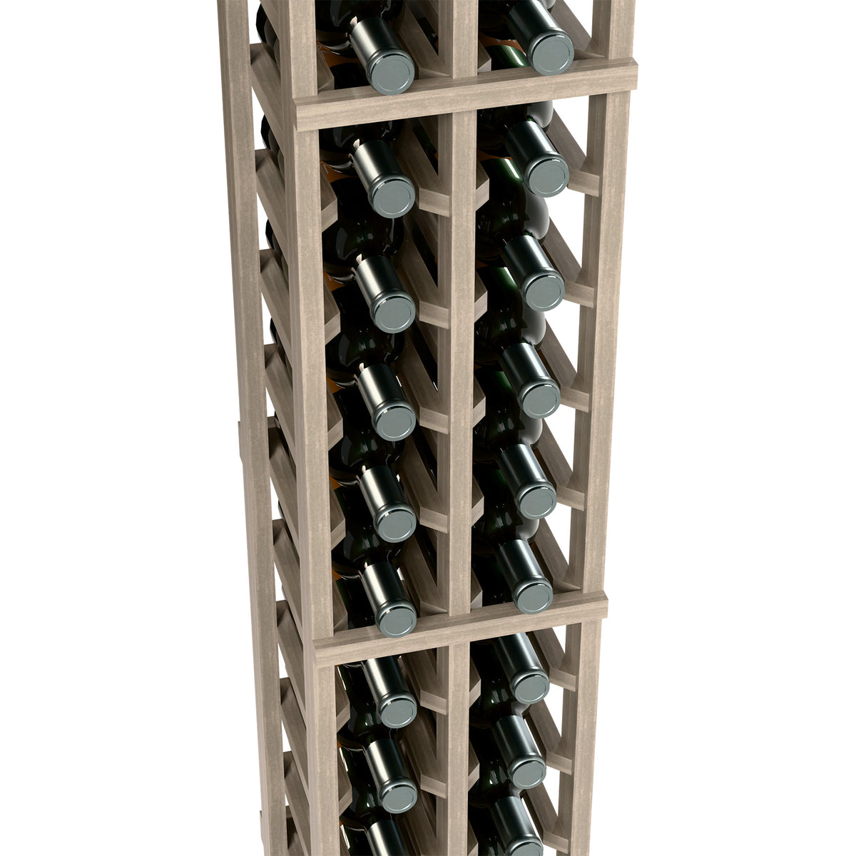 6-foot two-column wine bottle rack close-up, light gray wood with dark wine bottles.