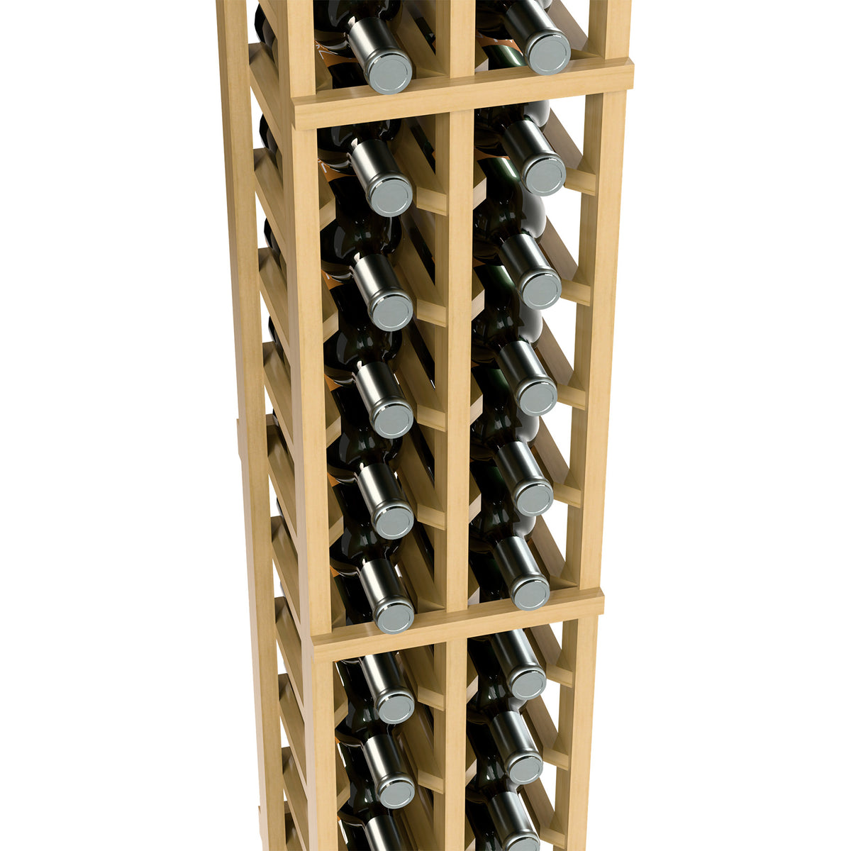 6-foot two-column wine bottle rack close-up, light wood shelves with dark wine bottles.