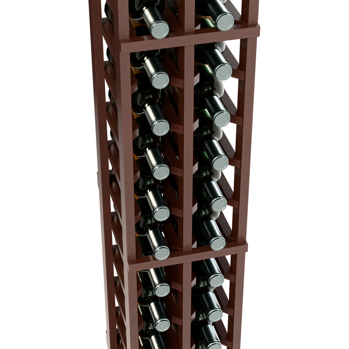 Dark brown two-column wine bottle rack, 6 ft, close-up of bottle slots