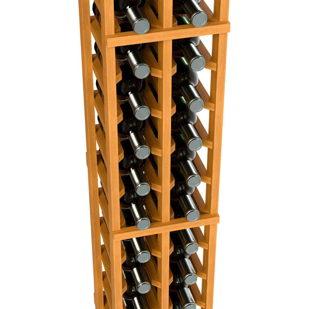 Light wood two-column wine bottle rack, 6 ft, close-up of bottle slots