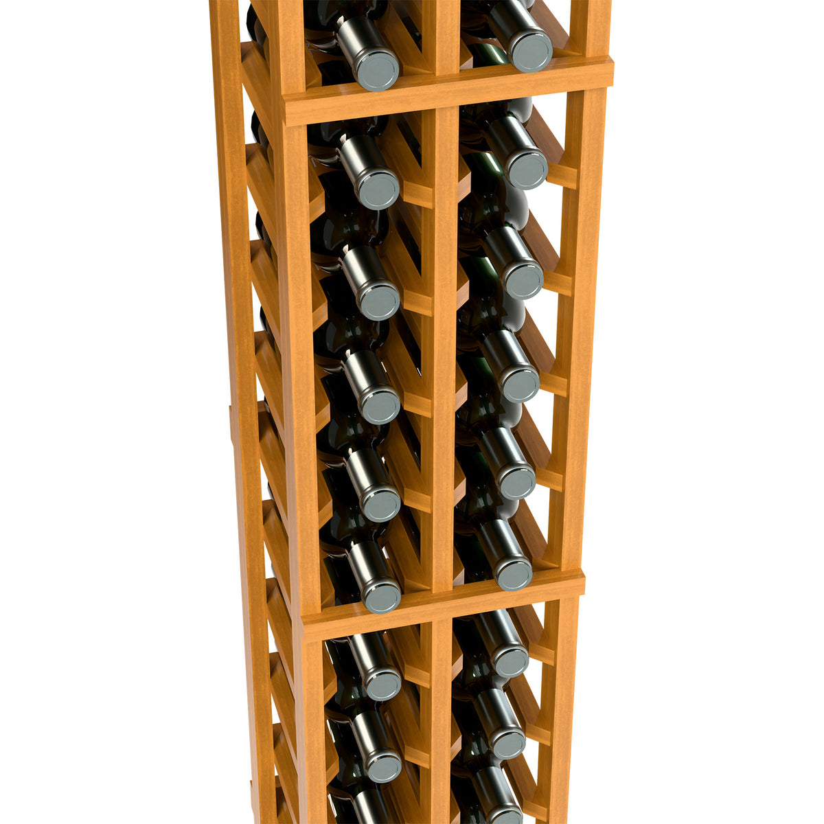 Honey wood two-column wine bottle rack, 6 ft, close-up of bottle positions