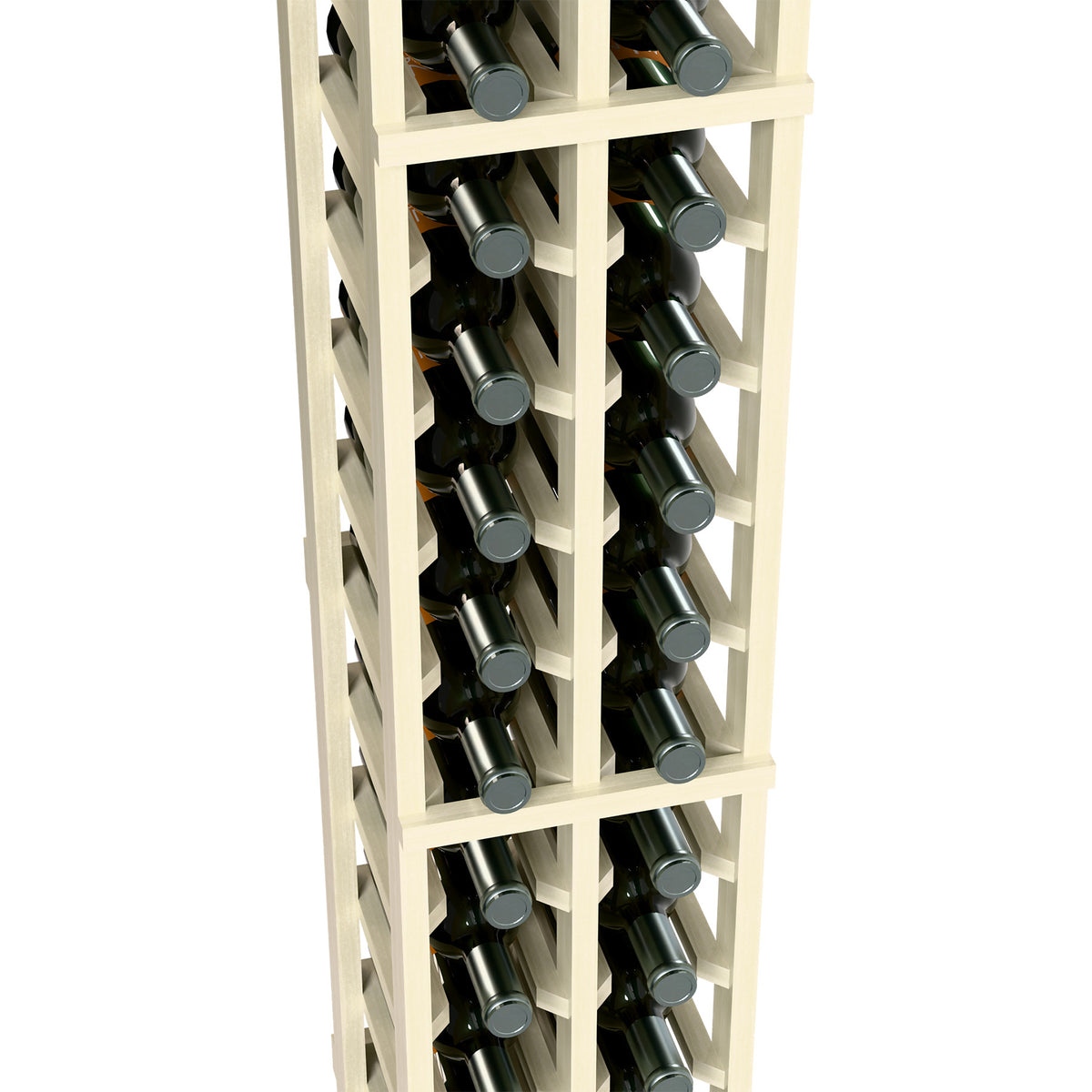 Two-column wine rack, 6ft tall, light wood with bottles in individual slots