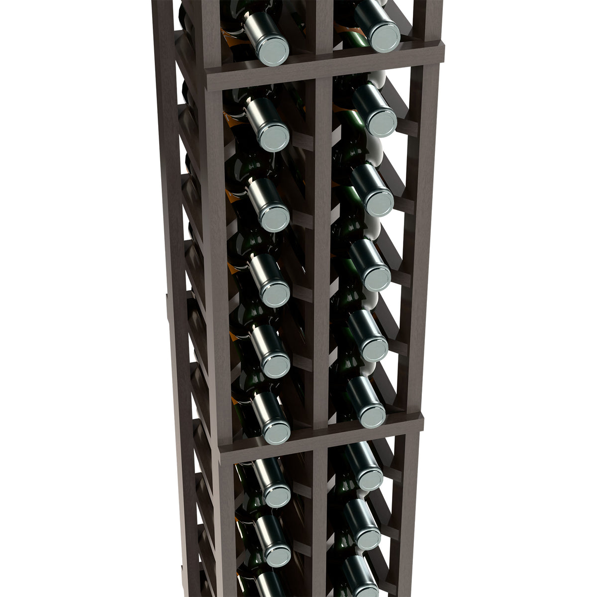 Two-column wine rack, 6ft tall, dark wood with wine bottles in two columns
