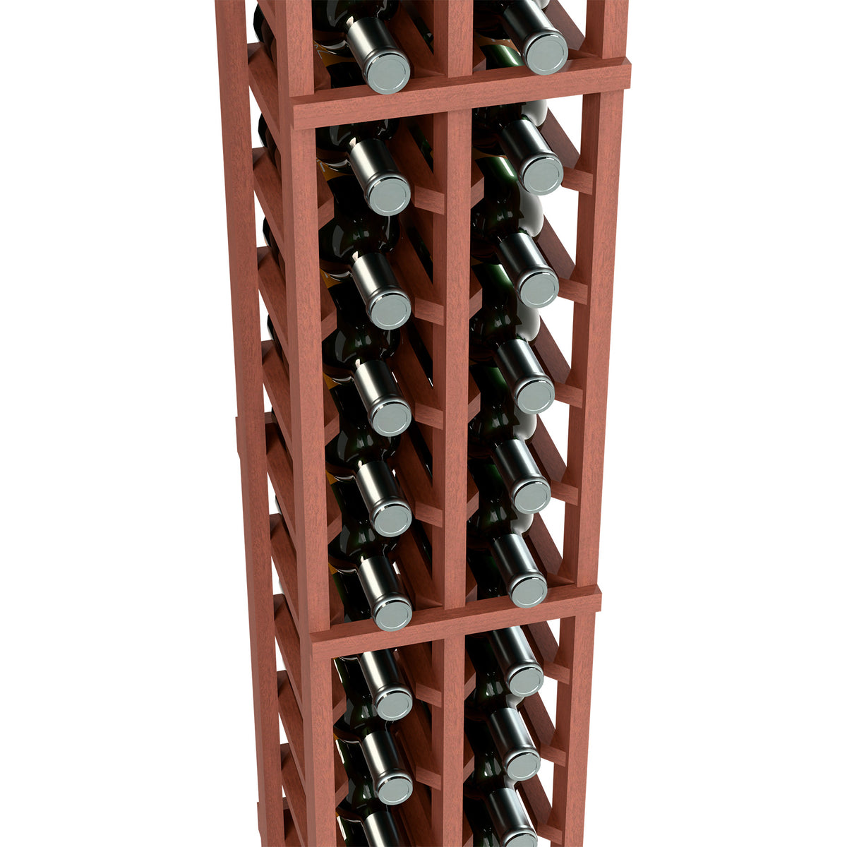 Two-column wine rack, 6ft tall, reddish wood frame with bottles in compartments